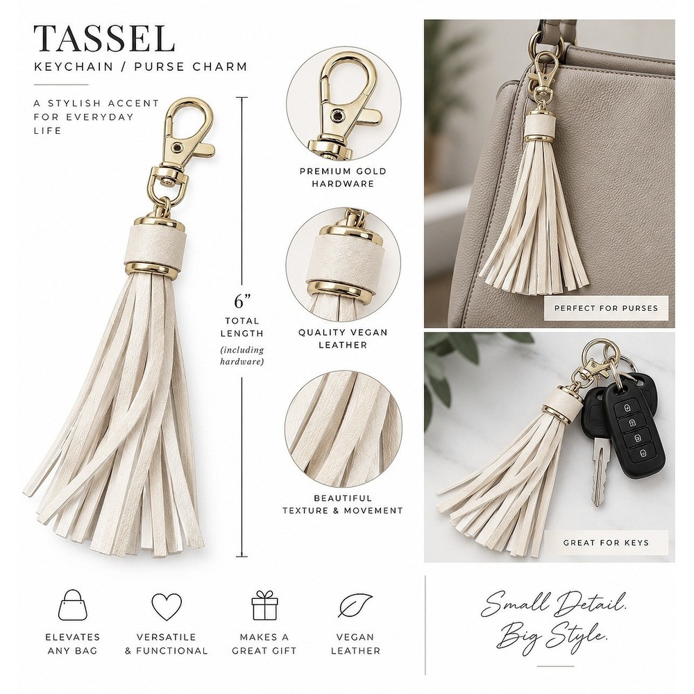 NEW Tassel Keychain Purse Charm OS White Vegan Leather Gold Tone